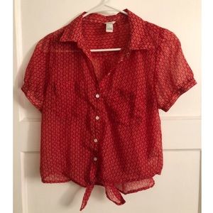 Sheer red floral print button up tie blouse shirt